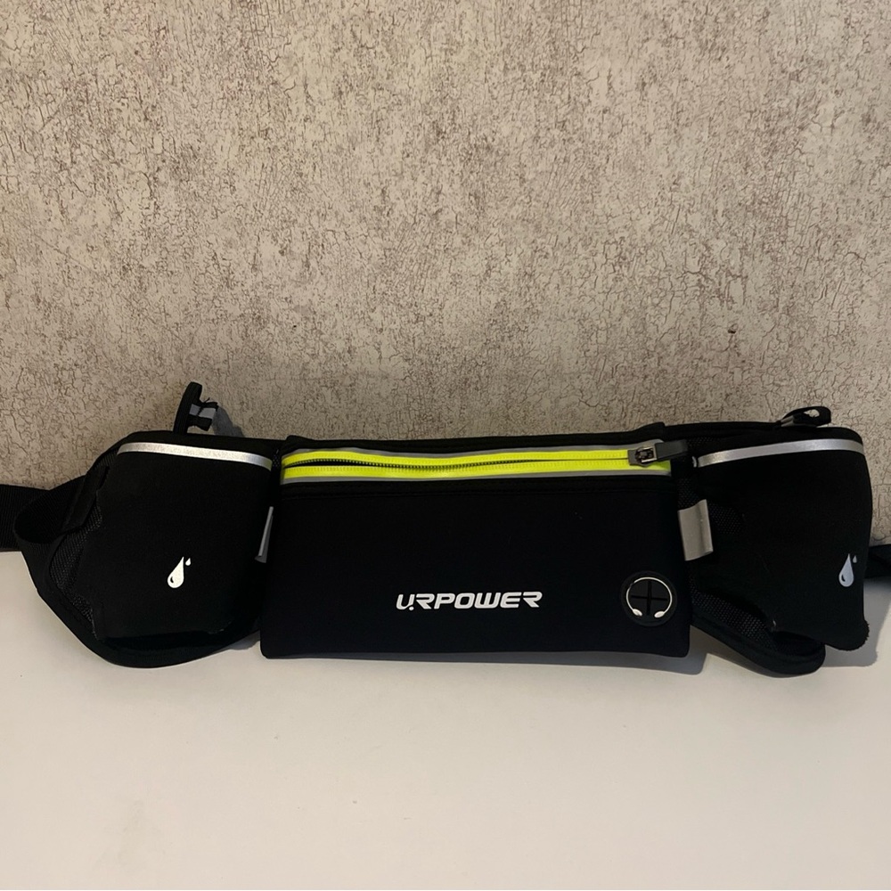 URPOWER Black and Neon Green Running Belt with Water Bottle Holders